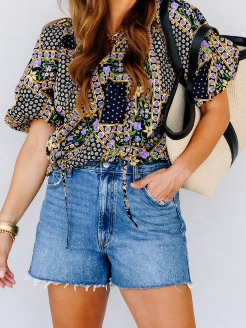 &merci Floral Navy Balloon Sleeve and Hem Blouse